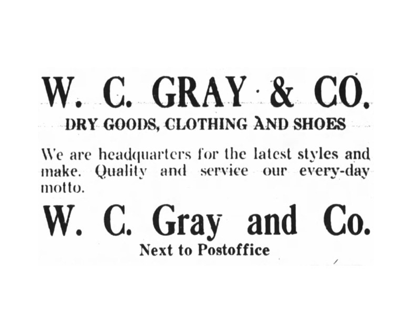 Advertisement for W. C. Gray & Co. on East Choccolocco Street, 1920