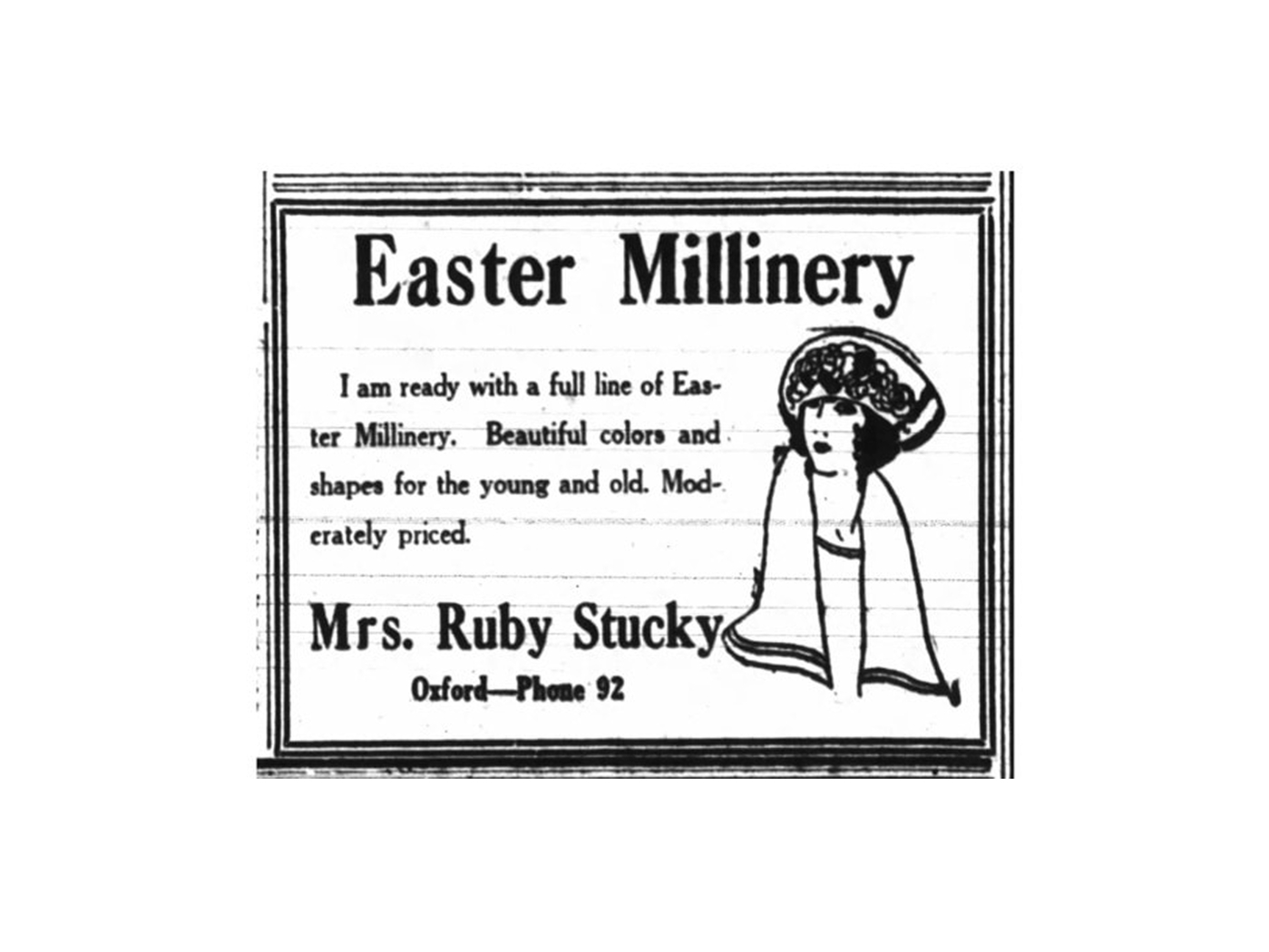 Advertisement for Mrs. Ruby Stucky's Millinery shop on East Choccolocco Street