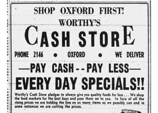 Advertisement for Worthy's Cash Store, 1946