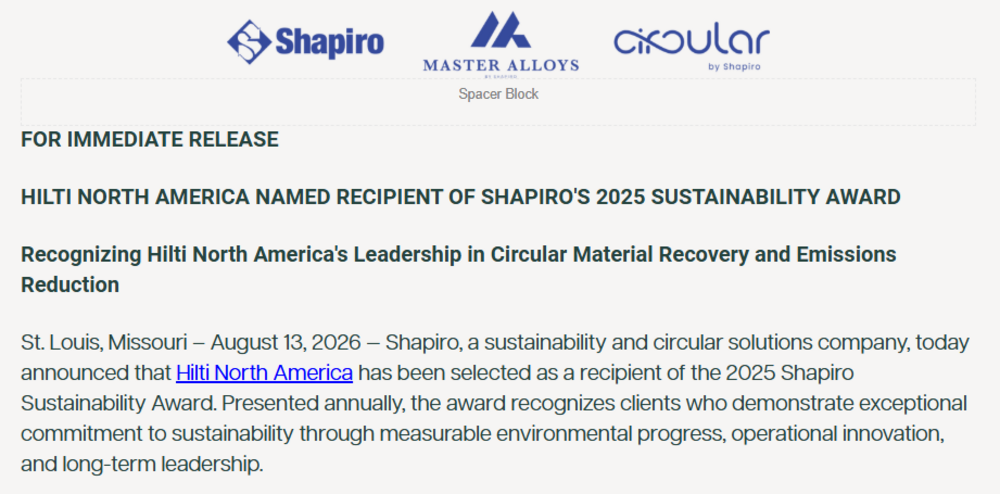Hilti North America Named Recipient of Shapiro’s 2025 Sustainability Award