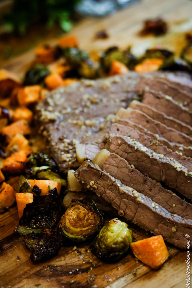Bourbon Steak with Brussels and Sweet Potatoes